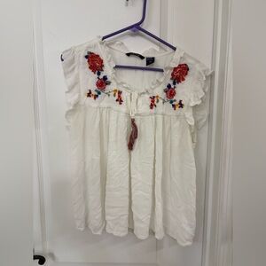 Life Style Boho Embroidered Peasant Top XL Ivory Floral Tassel Blouse